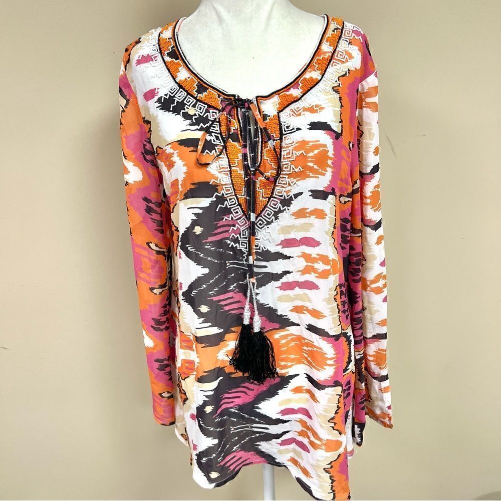 - Kay Celine Beaded Aztec print Tunic.  size Large